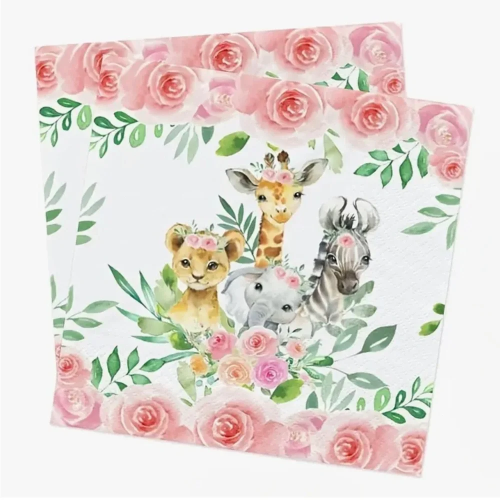 Pink Floral Safari Jungle Animals Luncheon Napkins
